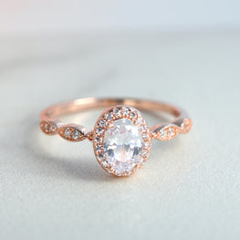 Rose Gold Oval Cut Halo Engagement Ring, 14K Rose Gold Plated Vermeil Diamond CZ Promise Ring, Anniversary Ring, Wedding Ring - Jay Amar Gems