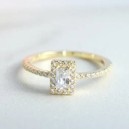Dainty Gold Plated Baguette Halo Ring, Vintage Engagement Ring, Sterling Silver Baguette Diamond Engagement Ring, Promise Ring, Anniversary Ring