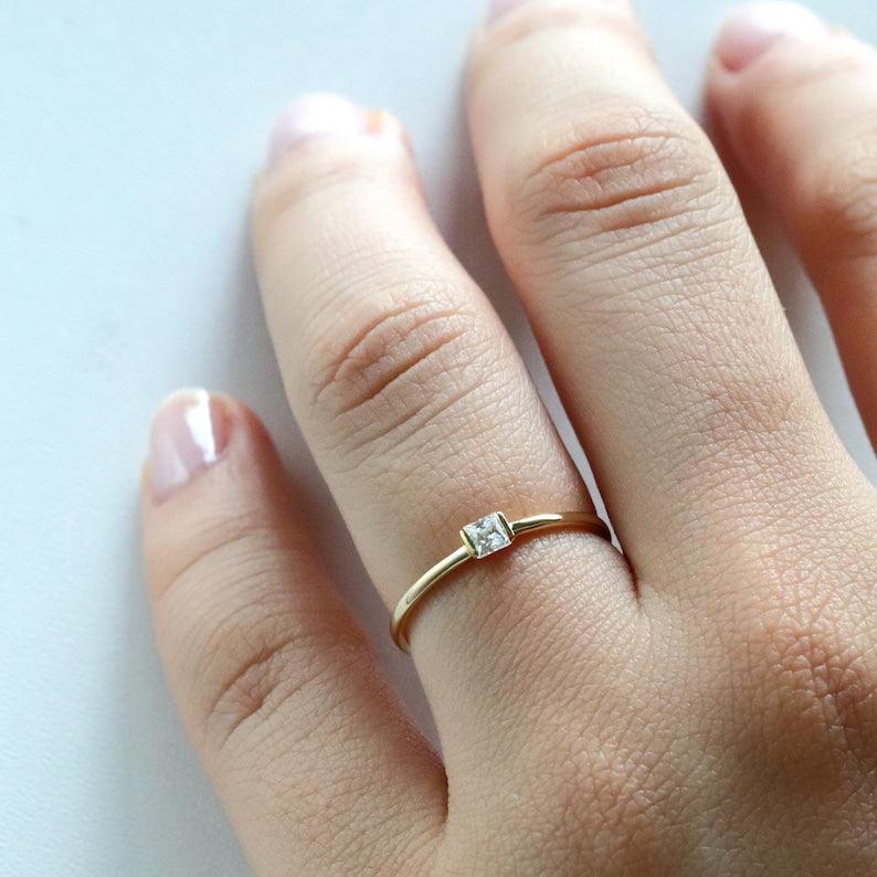 Solid Gold Plated Princess Cut Diamond Ring, Solitaire Ring, Dainty Gold Plated Ring, Promise Ring, Anniversary Ring, Gift for Her - Jay Amar Gems