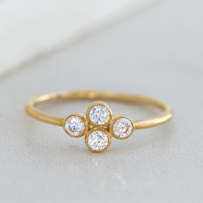 Solid Gold Plated Clover Ring, Diamond Four Stone Bezel Ring, Good Luck Ring, Friendship Ring, Gift for Her - Jay Amar Gems