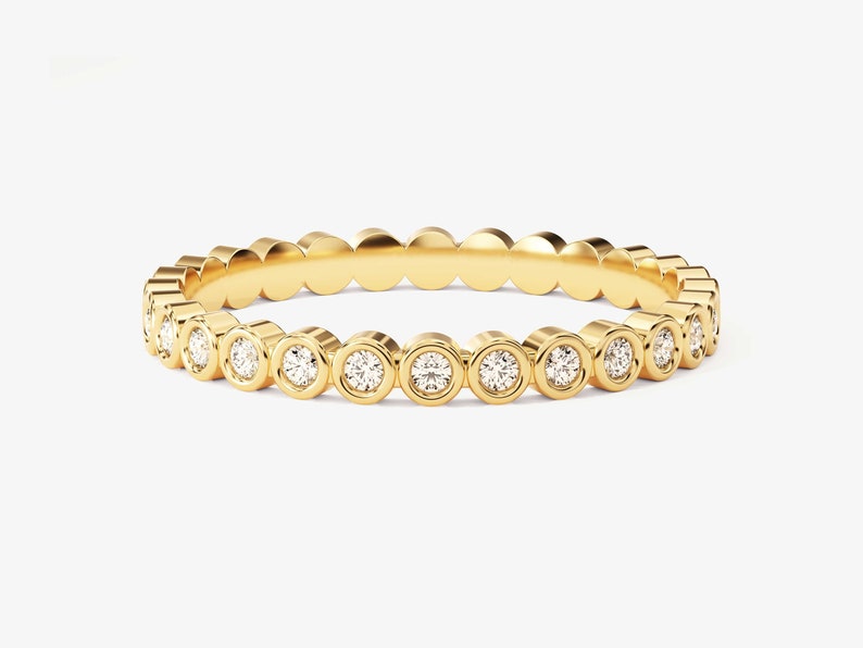 Simulated Diamond Bezel Set Wedding Band 14k Yellow Gold Plated Full Eternity Classic Ring - Jay Amar Gems