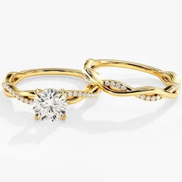 Petite Twist Bridal Set / 14k Gold Plated Moissanite Engagement Ring Set / Half Eternity Twist Wedding Band Set for Women / Promise Gift