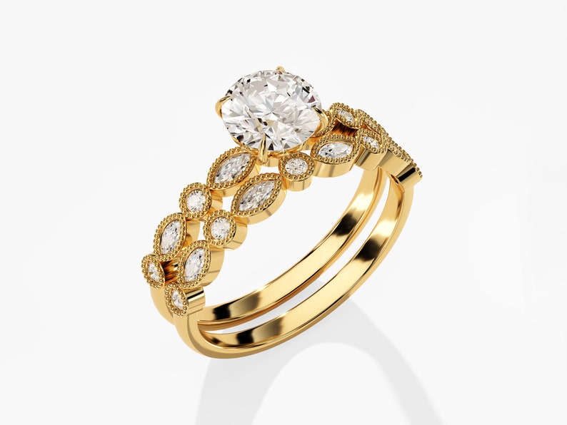 Art Deco Moissanite Bridal Set / 14k Gold Plated Vintage Wedding Band Set / Unique Moissanite Engagement Ring Set Womens / Anniversary Rings - Jay Amar Gems