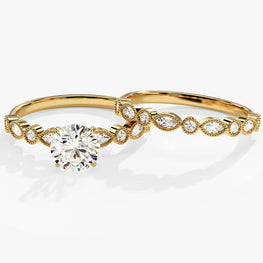 Art Deco Moissanite Bridal Set / 14k Gold Plated Vintage Wedding Band Set / Unique Moissanite Engagement Ring Set Womens / Anniversary Rings - Jay Amar Gems