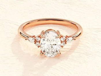 14k Solid Gold Plated Vintage Moissanite Engagement Ring for Women / Cluster Accent Oval Moissanite Ring / 1.5 CT Promise Ring