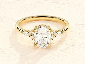 14k Solid Gold Plated Vintage Moissanite Engagement Ring for Women / Cluster Accent Oval Moissanite Ring / 2 CT Promise Ring