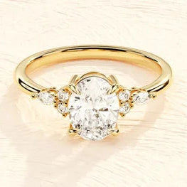 14k Solid Gold Plated Vintage Moissanite Engagement Ring for Women / Cluster Accent Oval Moissanite Ring / 2 CT Promise Ring