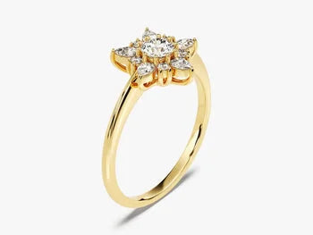 Floral Engagement Ring in 14K Solid Gold / Nature-Inspired Ring / 0.25 CT Round Moissanite with Pear Cluster / Vintage Stackable Ring