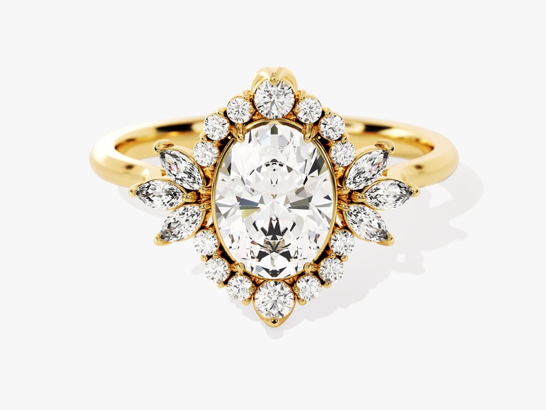 Vintage Moissanite Engagement Ring / 1.50 CT Brilliant Oval Moissanite Halo Ring / 14K Gold Plated Floral Ring / Cocktail Ring for Women - Jay Amar Gems