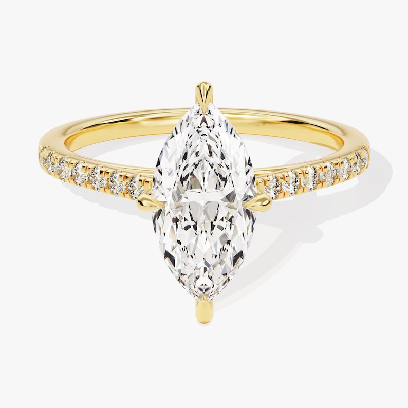 3 CT Marquise Shape Ring / Moissanite Ring with Round Cut Side Stones / Pave Set 14K Solid Gold Plated Engagement Ring for Women - Jay Amar Gems