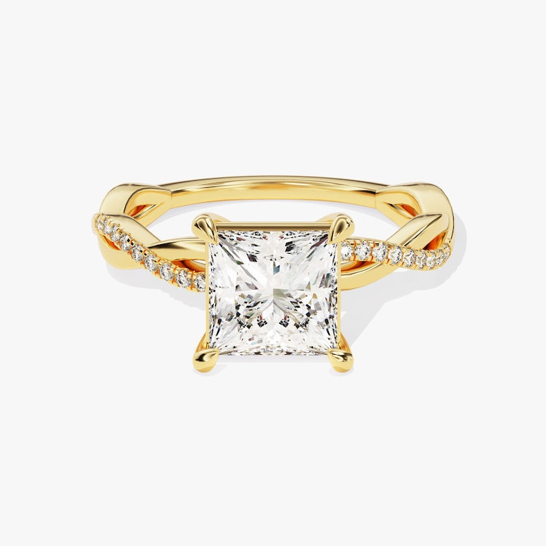 Petite Twist Princess Cut Moissanite Engagement Ring / 2 CT Twisted Ring in 14k Solid Gold Plated / Side Stone Accent Pave Set Ring - Jay Amar Gems