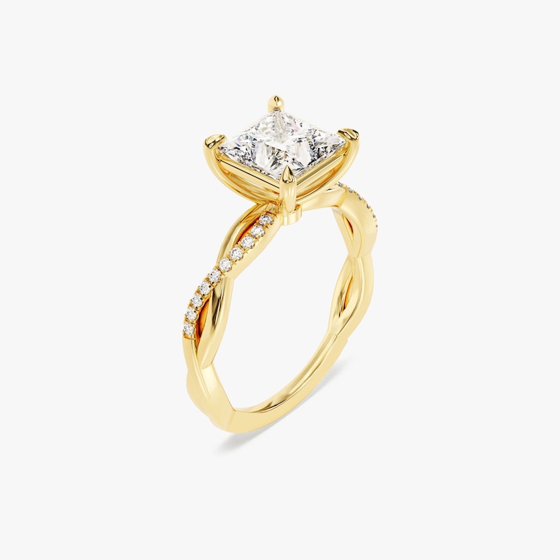 Petite Twist Princess Cut Moissanite Engagement Ring / 3 CT Twisted Ring in 14k Solid Gold Plated / Side Stone Accent Pave Set Ring - Jay Amar Gems
