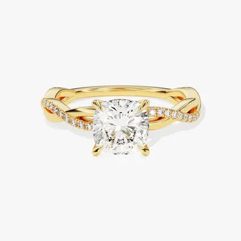 Petite Twist Cushion Cut Moissanite Engagement Ring / 1 CT Twisted Ring in 14k Solid Gold Plated / Side Stone Accent Pave Set Ring