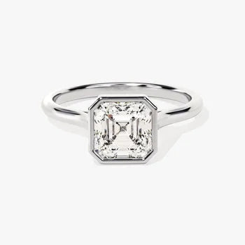 Bezel 2 CT Asscher Cut Solitaire Moissanite Engagement Ring / 14k Solid Gold Plated Solo Ring / Thin Band Promise Ring for Women