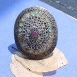Oval vintage sterling silver statement ring with ruby, emerald, and black diamond gemstones, 1999s antique cocktail jewelry