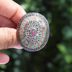 Oval vintage sterling silver statement ring with ruby, emerald, and black diamond gemstones, 1999s antique cocktail jewelry