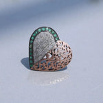 Heart shaped vintage sterling silver ring with green emerald and natural diamond accents, classic cocktail jewelry gift for her