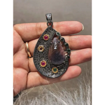 Art Deco sterling silver pendant with amethyst teardrop, pink ruby and emerald accents, handmade unique jewelry gift