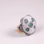 Vintage green emerald Art Deco ring, solid sterling silver with white diamond accent, nature-inspired June birthstone gift