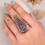 Victorian style paisley ruby statement ring, 1999s vintage black diamond teardrop cocktail ring, bold antique jewelry for women