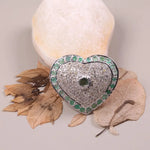 Heart shaped sterling silver ring with emerald green gemstone, vintage round cut statement jewelry gift for her