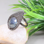 Georgian style silver ring with round cut sparkling blue stone, handmade boho cocktail ring with diamond accents, bold gemstone jewelry