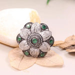 Floral vintage sterling silver ring with round cut emerald gemstone, 1990s Art Deco old-style unique jewelry gift for her
