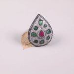 Antique Victorian style ruby and emerald gemstone ring with natural diamond, pear shape 925 sterling silver ring, elegant gift for her