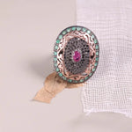 Vintage oval ruby and emerald sterling silver ring with natural diamond accents, Victorian style gemstone statement jewelry gift for her