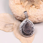 Vintage 1980s pear cut natural diamond pendant with gothic black stone in Art Deco silver antique necklace, handmade jewelry gift for her