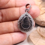 Vintage 1980s pear cut natural diamond pendant with gothic black stone in Art Deco silver antique necklace, handmade jewelry gift for her