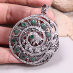 Sterling silver Victorian-style diamond pendant with round rose cut green diamond, Art Deco handmade jewelry gift