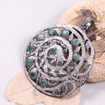 Sterling silver Victorian-style diamond pendant with round rose cut green diamond, Art Deco handmade jewelry gift