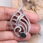 Sterling silver shell shape pendant with black onyx and diamond accents, Art Deco Gothic style handmade necklace pendant