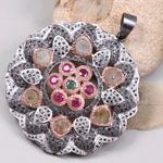 Victorian style pendant with pink ruby and green diamond in sterling silver, 18th-century inspired natural diamond jewelry gift