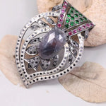Art Deco style silver pendant with purple oval gemstone and ruby accents, 19th century inspired old-style jewelry gift