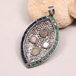 Handmade marquise shape pendant with opal and emerald gemstones in Art Deco style, unique statement jewelry wedding gift for her