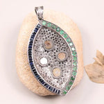 Handmade marquise shape pendant with opal and emerald gemstones in Art Deco style, unique statement jewelry wedding gift for her