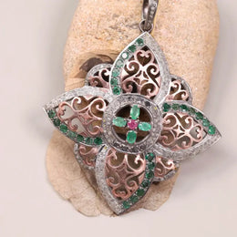 1980s Victorian style sterling silver pendant with pink & green ruby diamonds, gothic vintage jewelry, antique gift for her