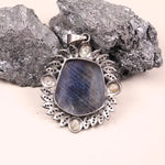 Vintage sterling silver marquise-shaped pendant with large blue gemstone, Art Deco style jewelry, unique gift for her