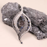 Antique Art Deco sterling silver sapphire pendant with white diamond accents in unique wave design, statement jewelry necklace gift for her