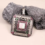 Victorian style opal pendant in sterling silver, square necklace with ruby, emerald, and black diamond accents, unique statement jewelry gift