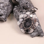 Victorian oval black stone pendant in sterling silver with floral boho gothic design, handmade statement jewelry necklace