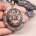 Victorian oval cut sterling silver pendant with pink and green ruby diamonds, 19th-century inspired antique style jewelry gift