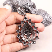Antique Natural Black Diamond Pendant – Sterling Silver Art Deco Teardrop Statement Jewelry | Pear Cut Unique Jewelry