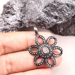 Antique vintage floral pendant with black stone, handmade Victorian silver necklace, 1990s boho gothic old style jewelry gift for her