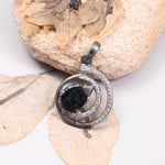 Art Deco black stone teardrop pendant necklace with natural white diamond and silver circle design, handmade unique jewelry gift