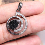 Art Deco black stone teardrop pendant necklace with natural white diamond and silver circle design, handmade unique jewelry gift