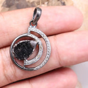 Art Deco Black Stone Teardrop Pendant Necklace – Natural White Diamond & Silver Circle Design, Handmade Unique Jewelry Gift