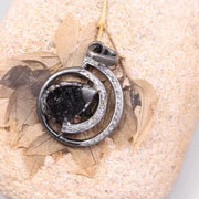 Art Deco Black Stone Teardrop Pendant Necklace – Natural White Diamond & Silver Circle Design, Handmade Unique Jewelry Gift